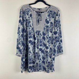 NYDJ Blouse Womens XL Tunic 3/4 Sleeves Floral Top Tie Front